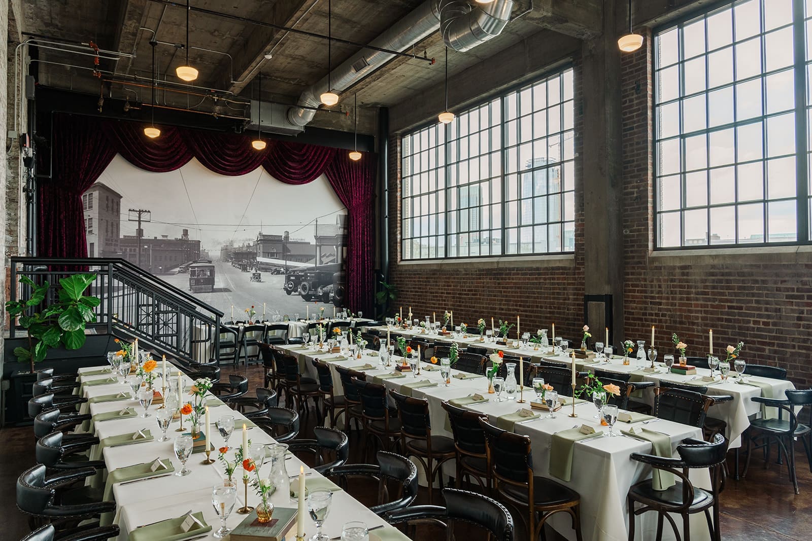 Café Postale, a downtown Omaha wedding venue, decorated for a wedding reception.